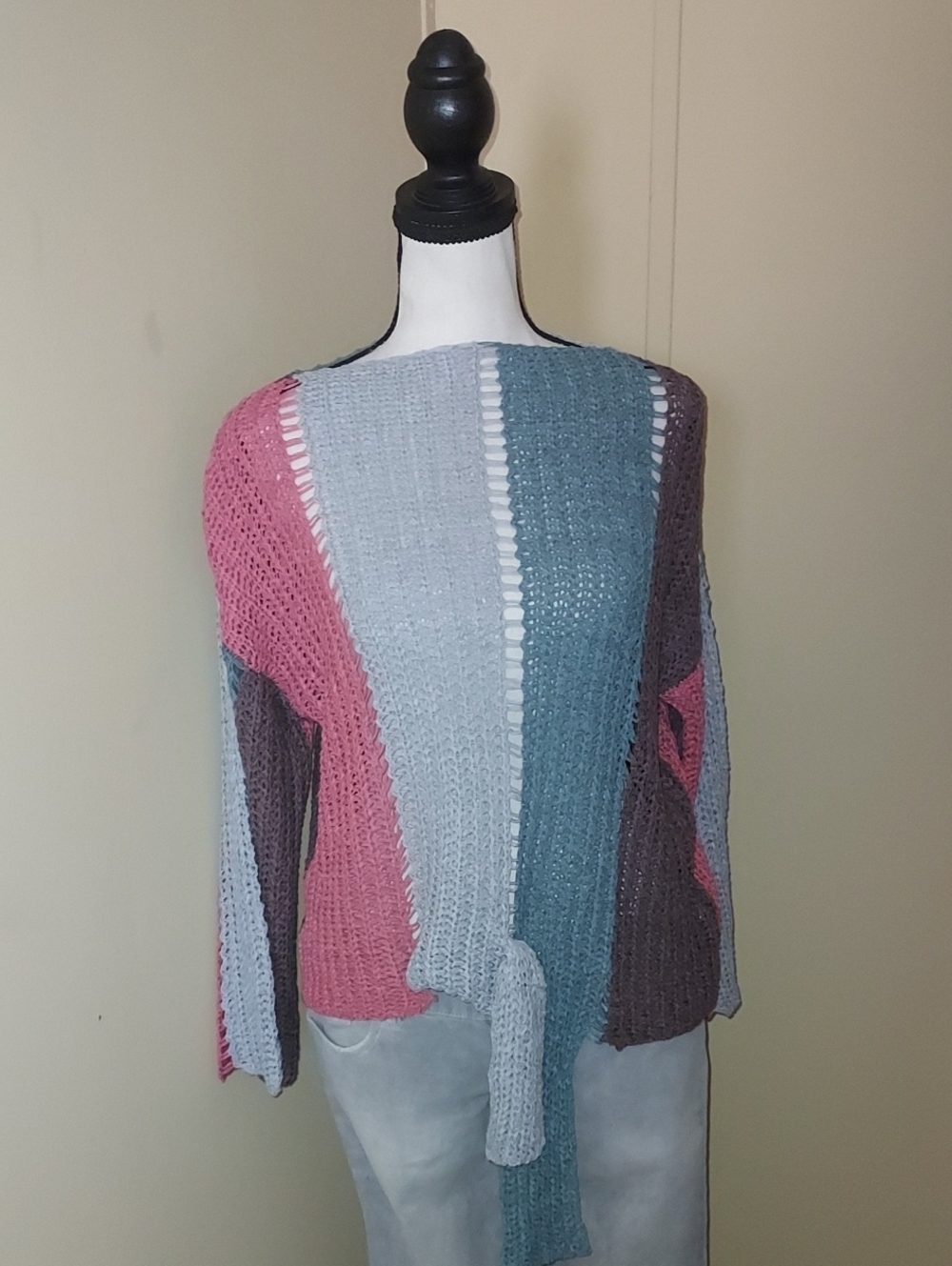 She + Sky Colorblock Open Knit  Sweater - Pink, Light Blue, Teal, Brown
